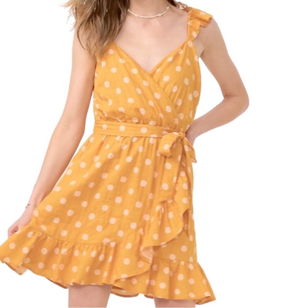 LC Lauren Conrad Yellow White Polka Dot Ruffle Faux Wrap Dress Large NWT